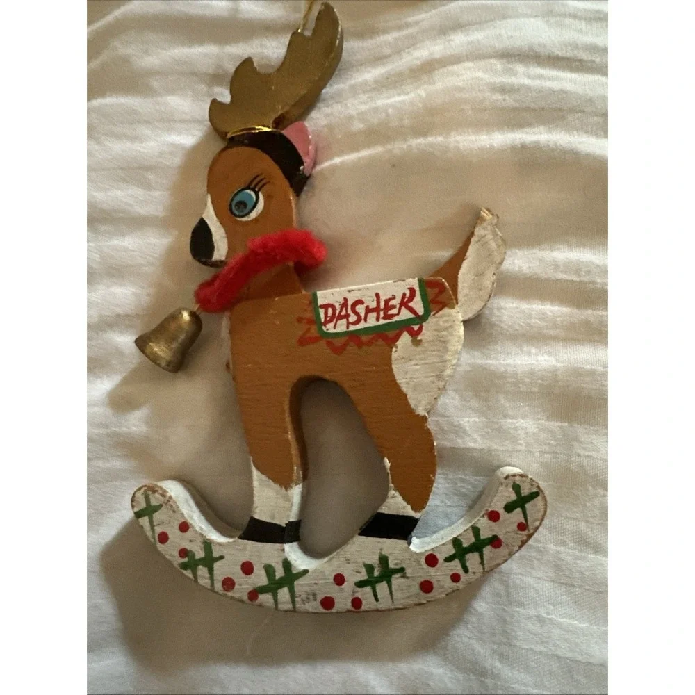 Vintage Kurt Adler Santa's Reindeer Dasher & SkierChristmas Ornament Wooden 1977